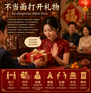 Обычай не открывать подарки сразу — 不当面打开礼物 (bù dāngmiàn dǎkāi lǐwù)