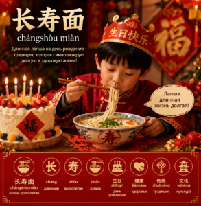 Обычай есть длинную лапшу на день рождения — 长寿面 (chángshòu miàn)
