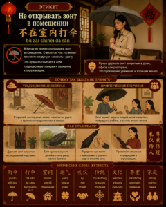 Этикет: не открывать зонт в помещении — 不在室内打伞 (bù zài shìnèi dǎ sǎn)